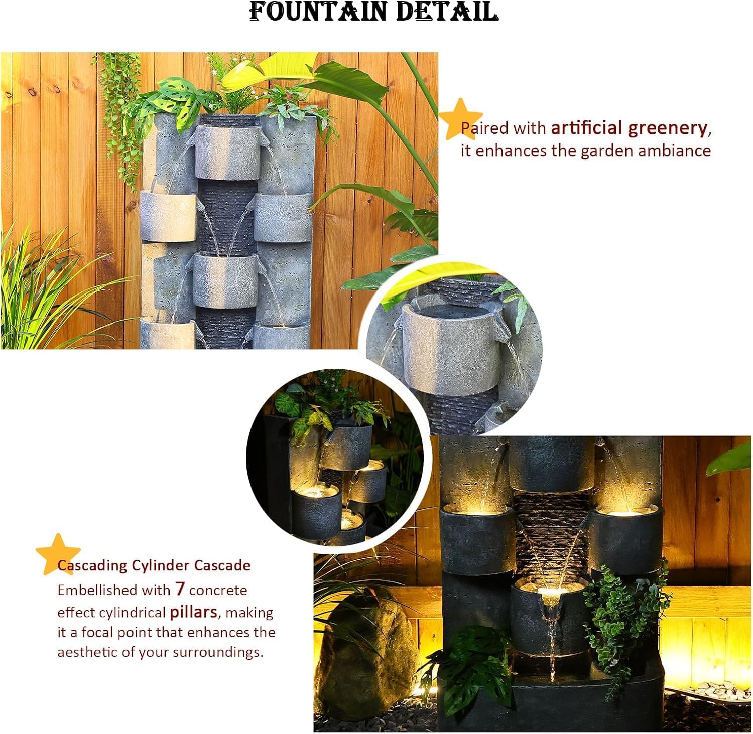 Tankana 45' H Outdoor Water Fountain Garden - Large Cascading Waterfall Freestanding Fountains Water Feature with Lights for Patio Backyard Deck Porch and Home Decor, Concrete Artistry Style, Gray