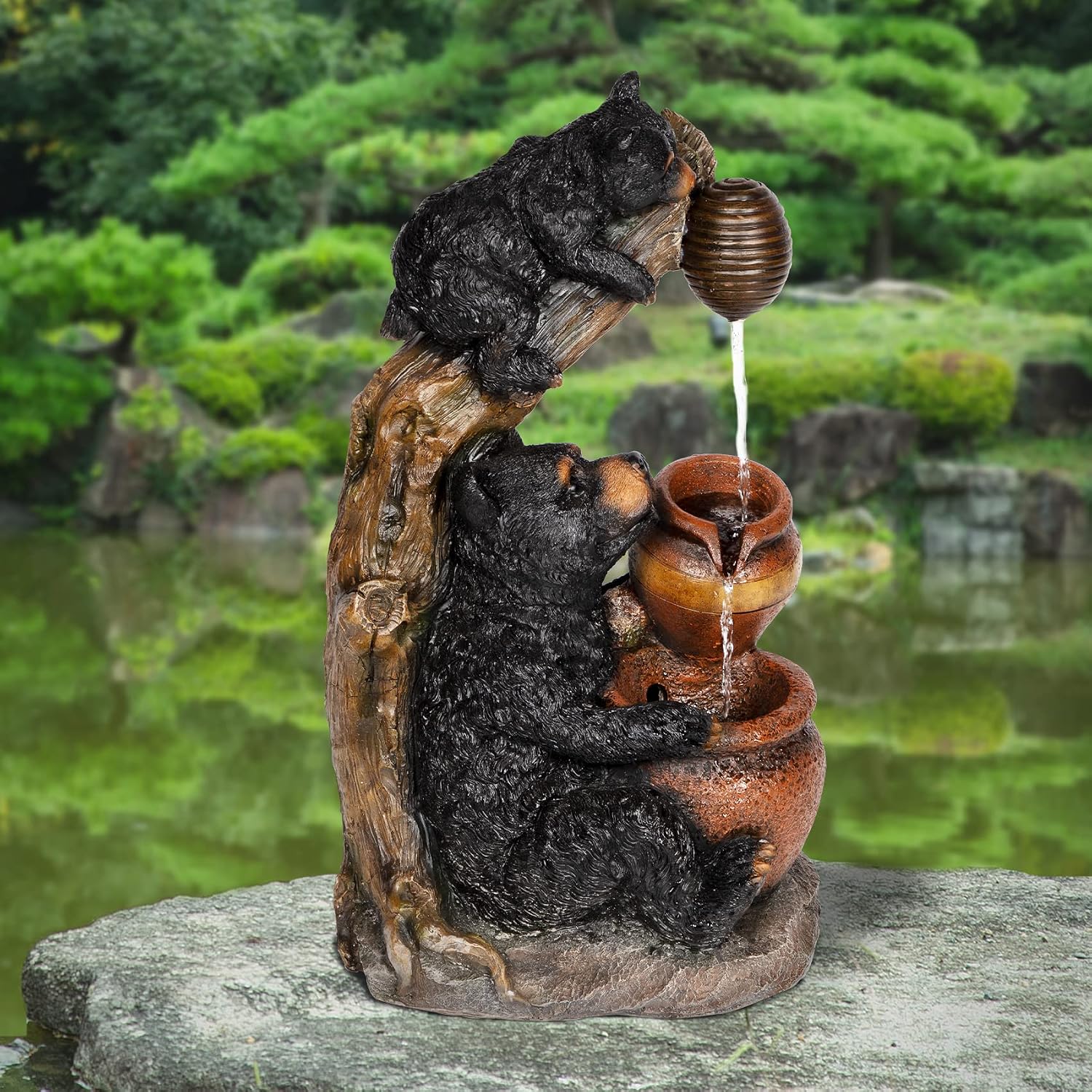 Ferrisland Outdoor Fountain Black Bears Garden Water Fountain Outdoor Water Feature Resin for Garden Patio Yard Deck Home Lawn Porch House Relaxation Exterior Balcony