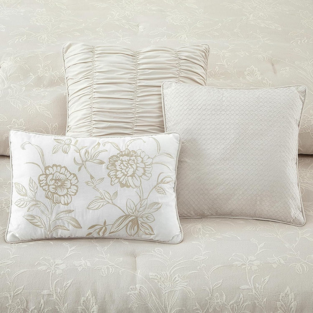 LANCO MODERN LIFESTYLE 7 Piece Beige Comforter Set, King, Cotton Fabric Jacquard Patchwork Floral, Year-Round Comfort Bed in a Bag with Bed Skirt, Shams & Decorative Pillows