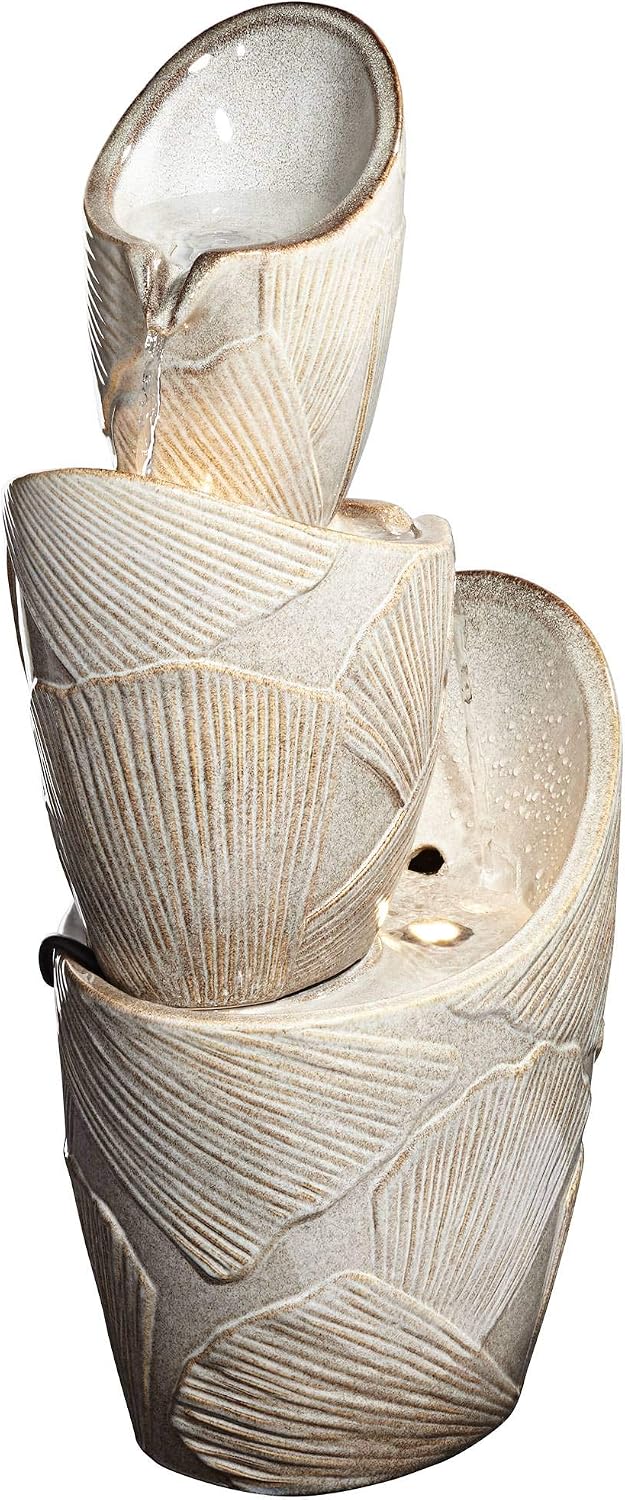 Three Urn 30' High Large Coastal Modern Indoor Outdoor Decor Faux Stone Floor Fountain with Light LED Waterfall Cascading Water Feature for Outside Garden Patio Yard Backyard - John Timberland