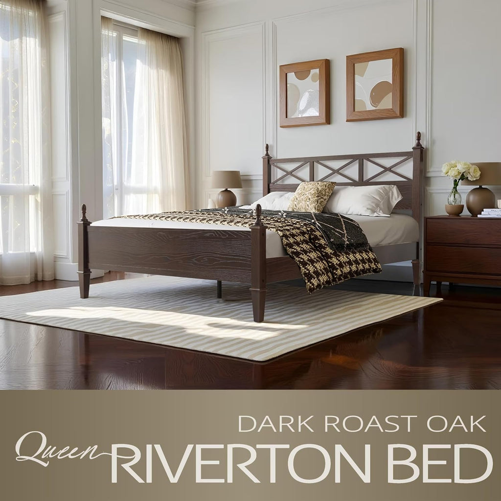 Queen Size Bed Frame with Headboard & Footboard, Solid Wood Platform Bed, Central Metal Legs, 12 Sturdy Slatted Base, Noise-Free & Anti-Slip, No Box Spring Needed, Dark Roast Oak Finish RIQ-32