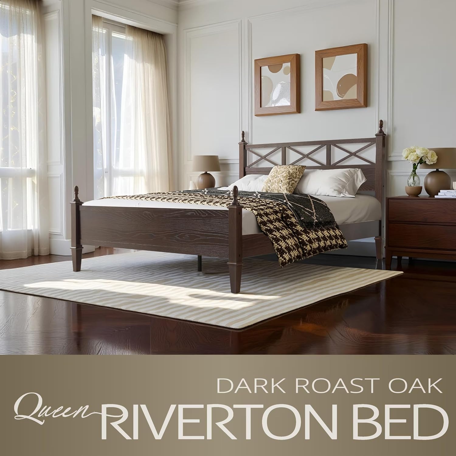 Queen Size Bed Frame with Headboard & Footboard, Solid Wood Platform Bed, Central Metal Legs, 12 Sturdy Slatted Base, Noise-Free & Anti-Slip, No Box Spring Needed, Dark Roast Oak Finish RIQ-32