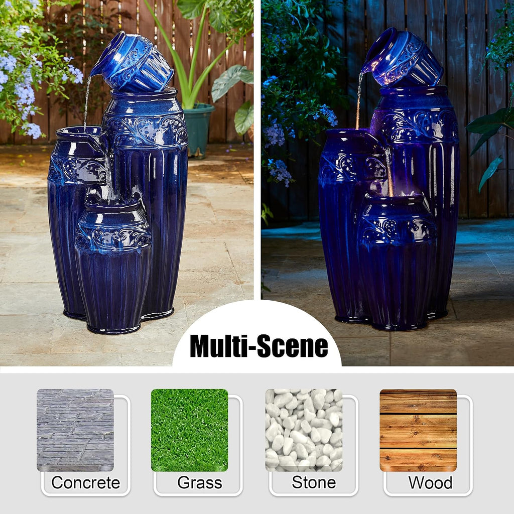 Glitzhome 35.5' H Oversized Outdoor Water Fountain with LED Lights and Pump, 4 Tier Cobalt Blue Embossed Pattern Ceramic Pots Cascading Floor Standing Fountain for Porch Deck Garden Patio Backyard