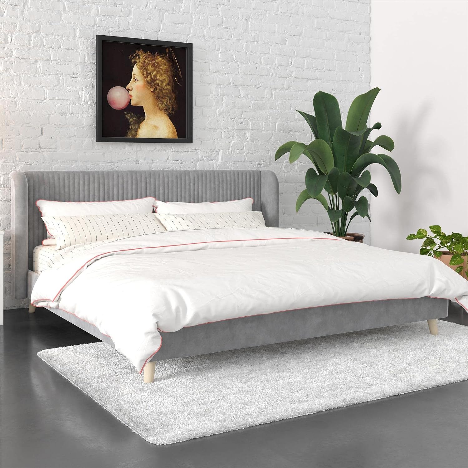 Novogratz Holly Upholstered Wingback Bed Frame, King, Light Gray Velvet