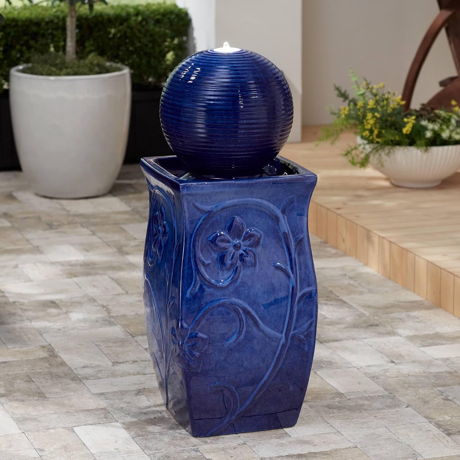 Periwinkle 29 1/4' High Large Zen Outdoor Cottage Core Decor Blue Ceramic Floor Fountain with Light LED Ball Standing Sphere Bubbler Water Feature for Outside Garden Patio Yard - John Timberland