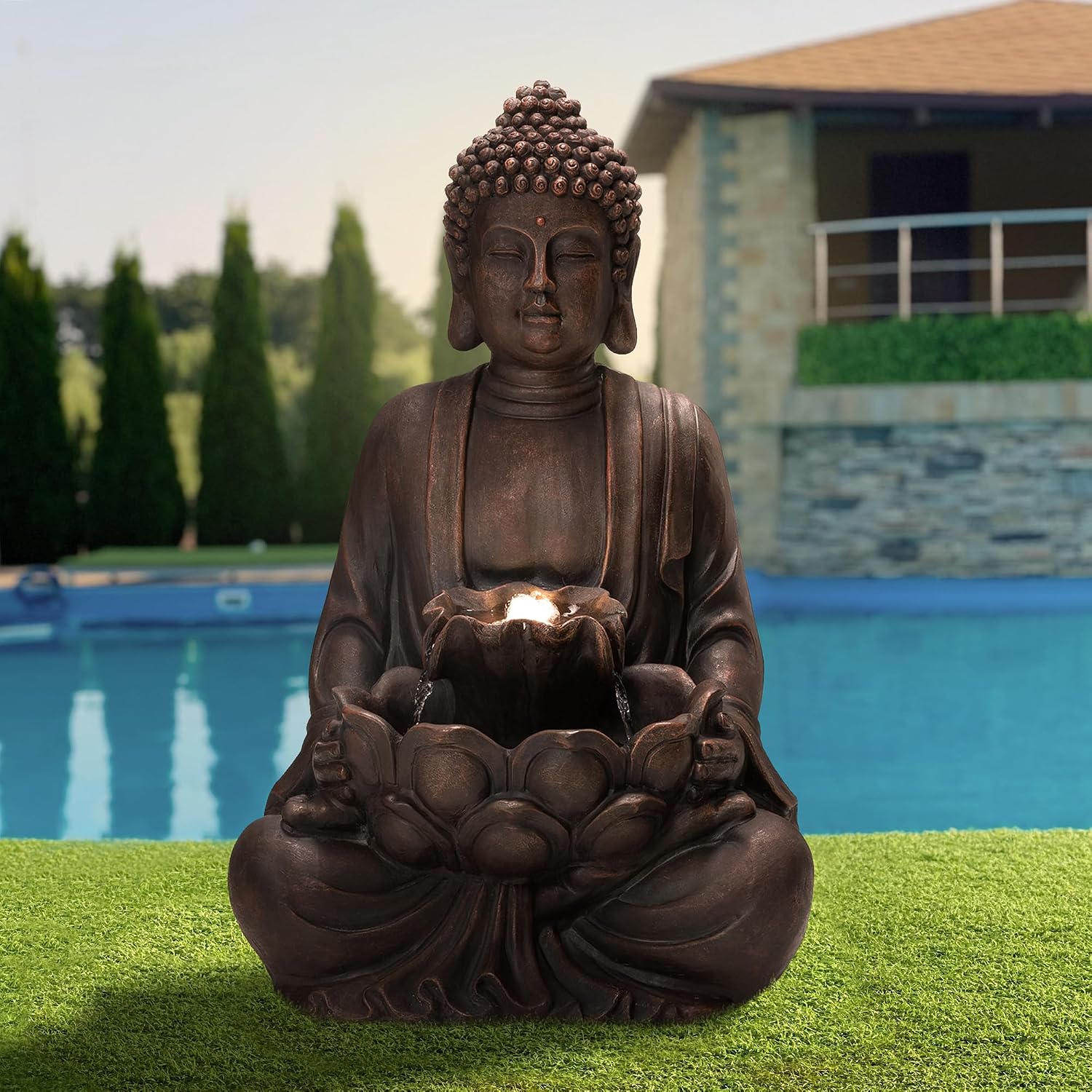 Glitzhome 24' H Zen Style Meditating Buddha Water Fountain Statue with Pump and LED Light, 2 Tier Waterfalls Resin Indoor Outdoor Floor Fountain for Garden Patio Backyard Decking