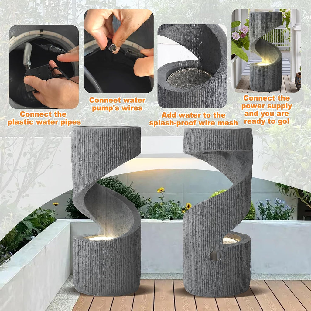 MAGIC UNION Outdoor S-Shaped Water Fountain, Spiral Waterfall Indoor Fountain Outside Garden Decor with LED Lights & Pump, Curved Patio Resin Fountains for Yard, Deck, Porch and Home Decorations