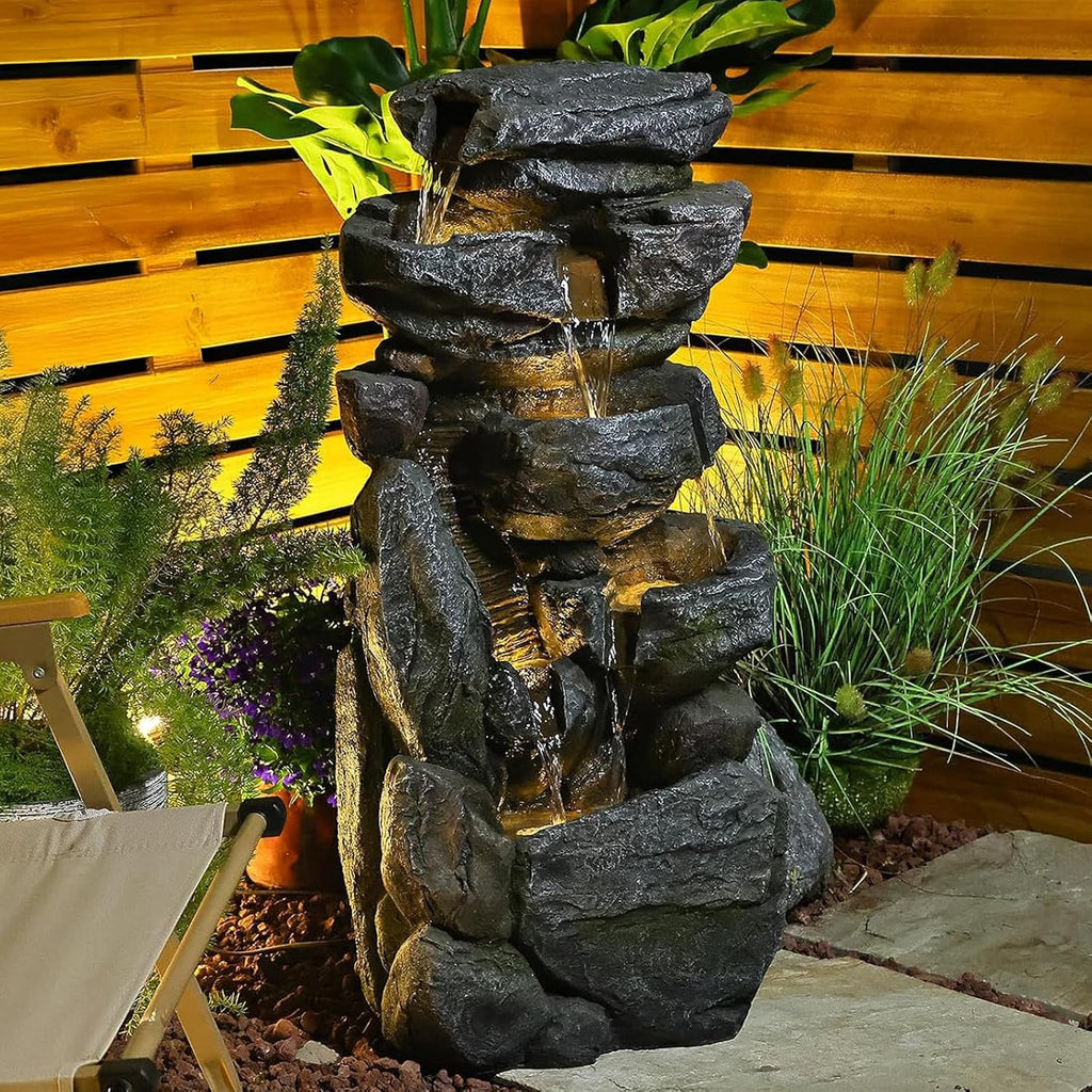 Bumilgar Water Features Outdoor Patio 6-Tier Cascading Rock Water Fountain 31.5''Water Fall Fountain Outside Resin Fountain with Light Mossy Rock Floor Garden Fountain Indoor for Relaxation Home Decor