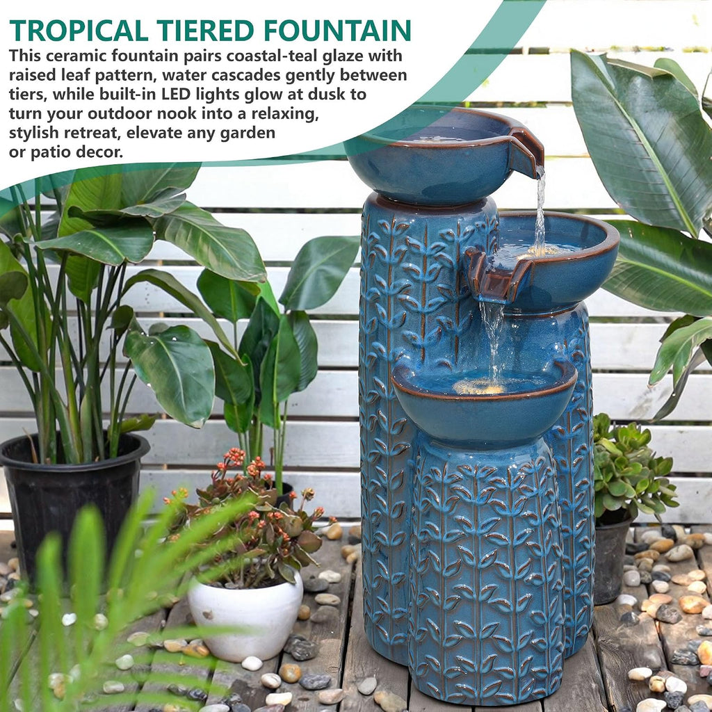 28' H Ceramic Outdoor Water Fountain with LED Lights, 3-Tier Cascading Bowls Water Feature, Tranquil Waterfall for Relaxing Garden, Patio, Yard, or Porch, Turquoise, Embossed Leaf Patterns