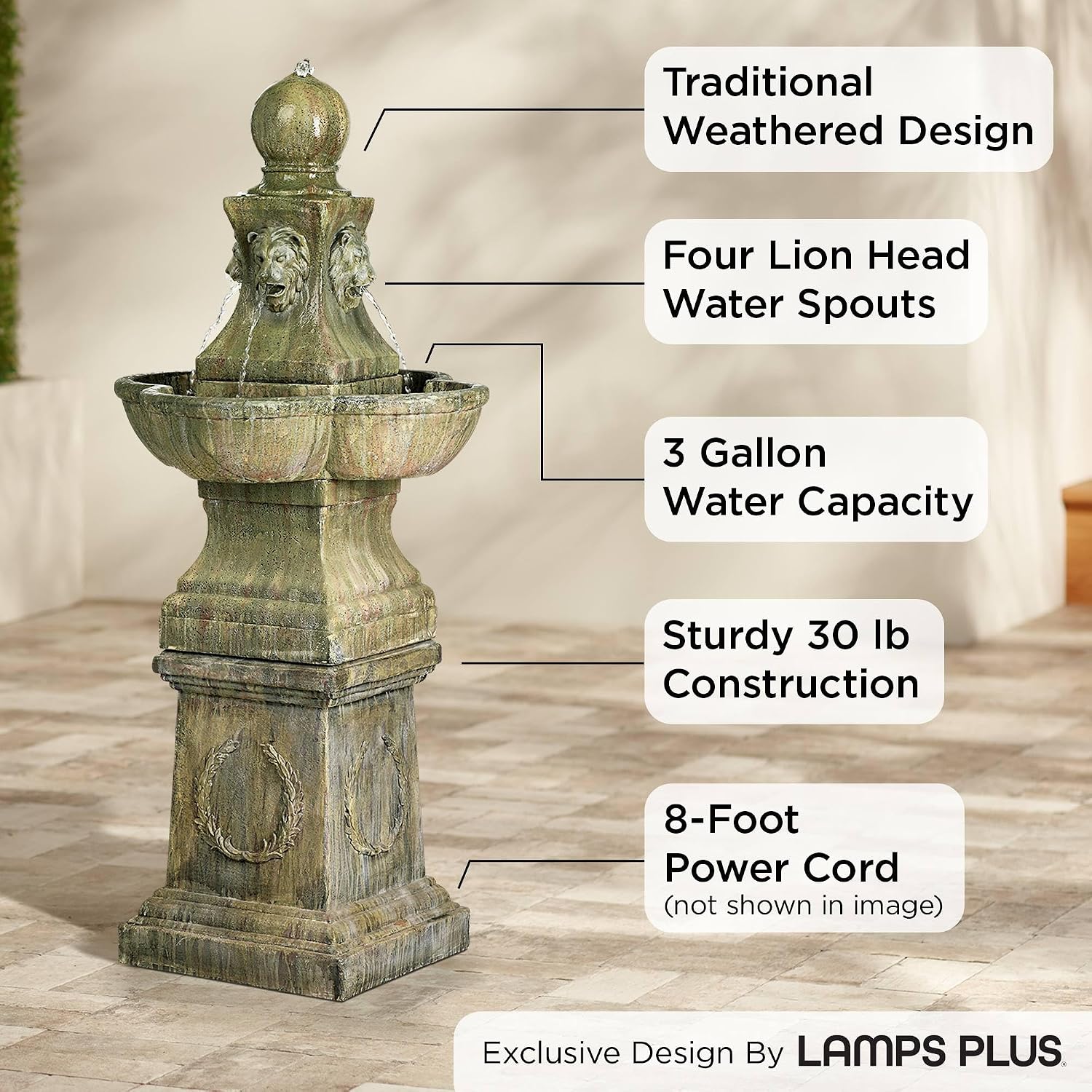 Royal Lion 54' High Large Italian Outdoor Decor Faux Stone Floor Fountain Standing Pedestal Tall Bubbler Water Feature for Outside Garden Patio Yard Backyard Porch Deck Relaxation - John Timberland