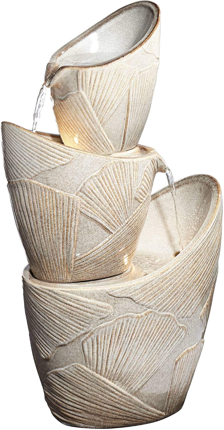 Three Urn 30' High Large Coastal Modern Indoor Outdoor Decor Faux Stone Floor Fountain with Light LED Waterfall Cascading Water Feature for Outside Garden Patio Yard Backyard - John Timberland