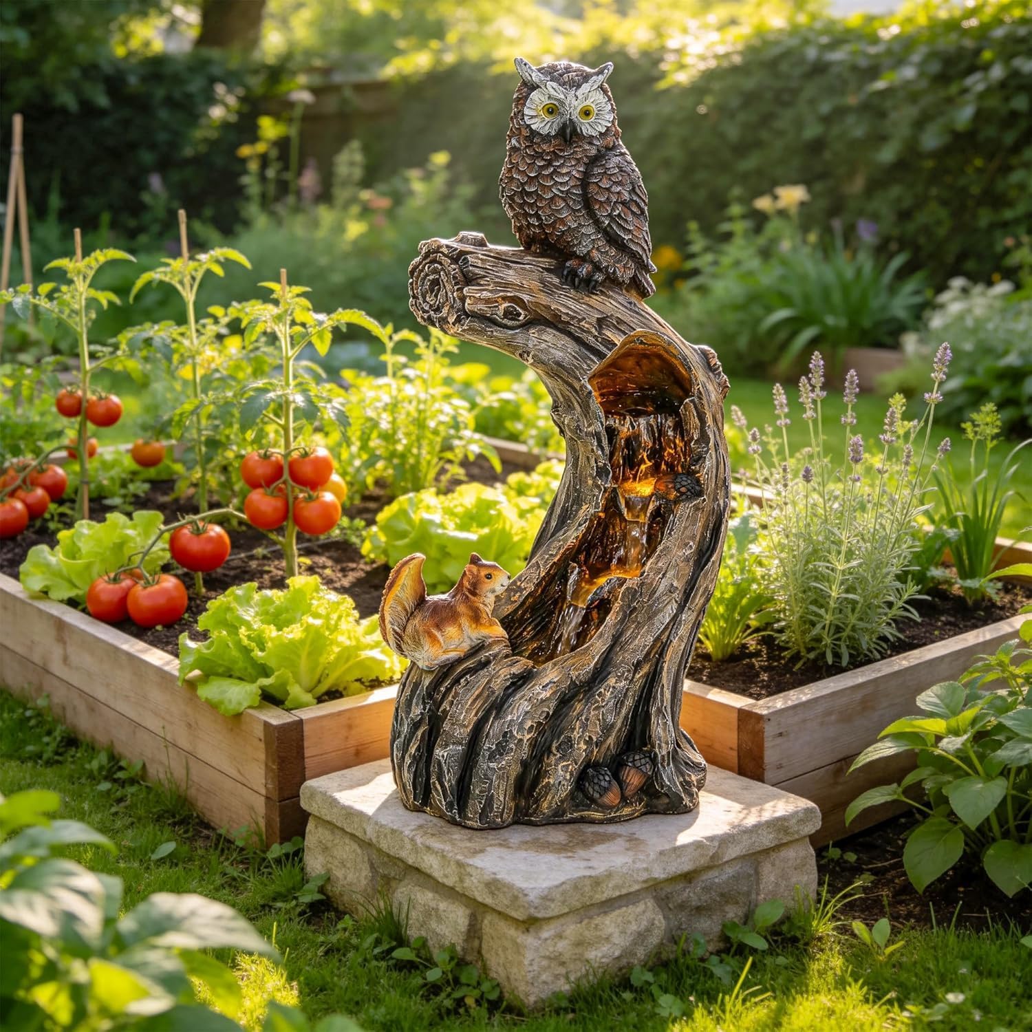 32' H Resin Owl Tree Trunk Fountain Outdoor, Forest Style 4-Tiers Water Feature Outdoor with Lights, Soothing Cascading Waterfall for Patio, Backyard, Garden or Porch