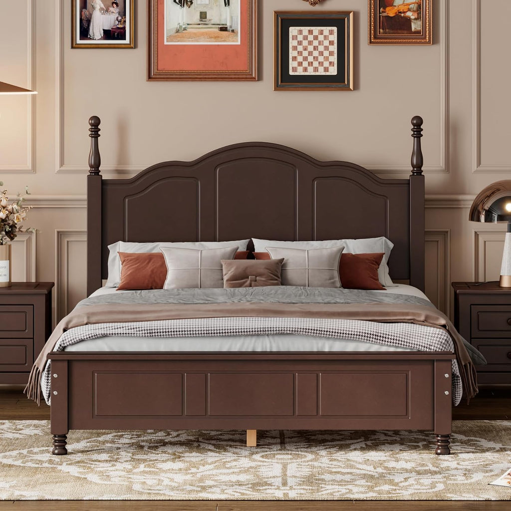 Merax Farmhouse Full Size Bed Frame with Tall Headboard, Wooden Retro Style Platform Bed with Headboard and Footboard, Wood Slats Support,No Box Spring Needed,Noiseless,Dark Walnut