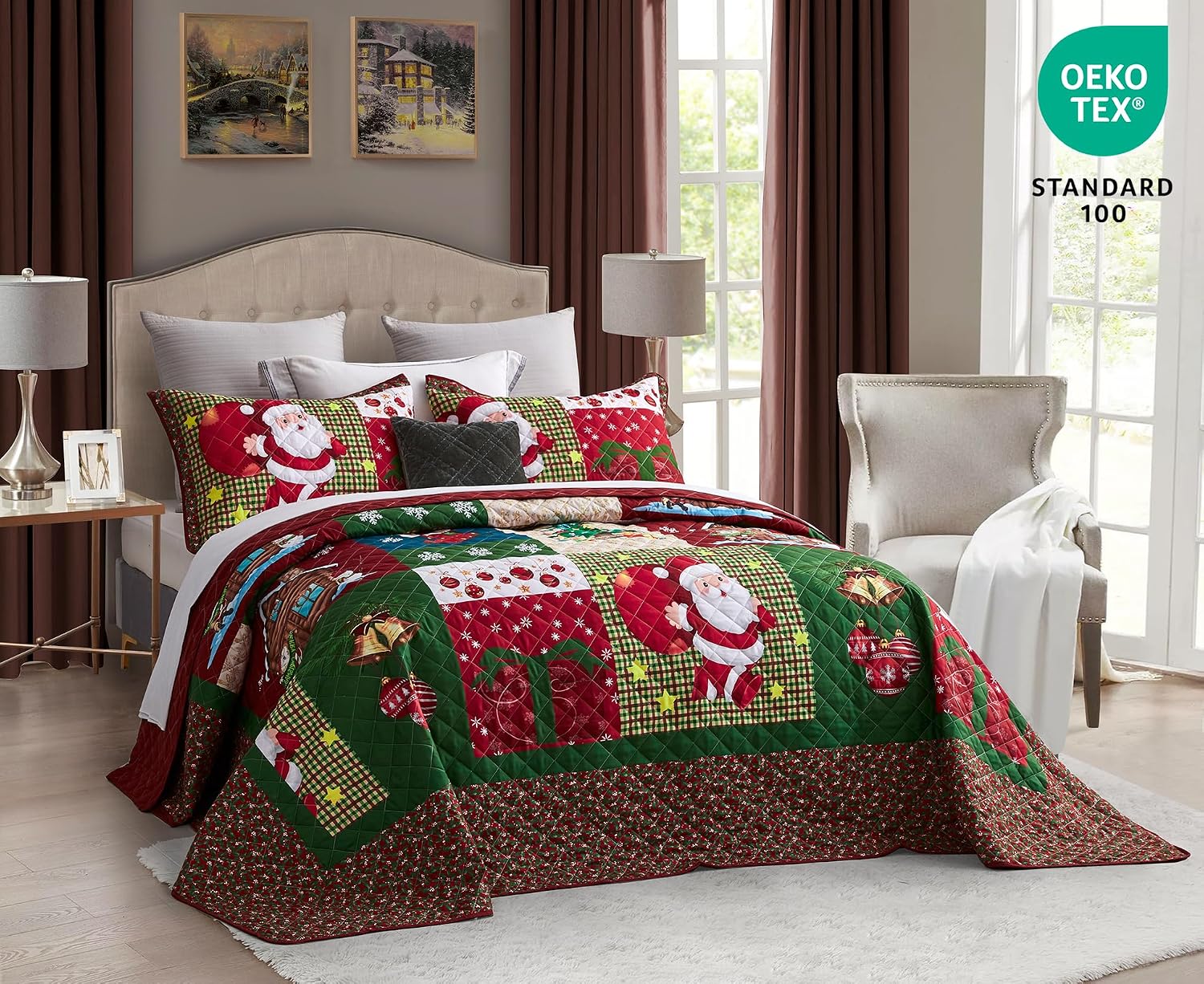 CHIXIN Christmas Oversized Bedspread King Size, Santa Claus Pattern Bedding Quilt, Rustic Lodge Plaid Patchwork Coverlet Set, Lightweight & Soft Microfiber, 3 Piece, King/Cal King