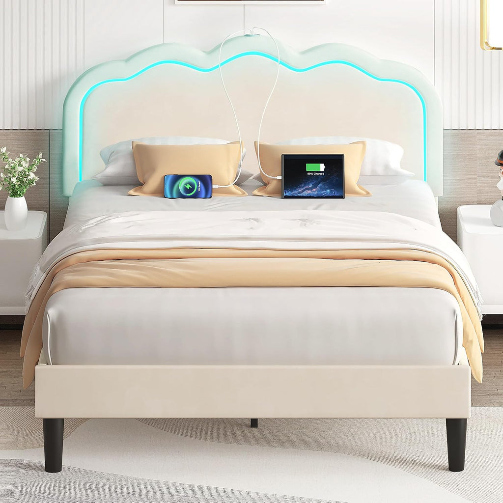 VECELO Upholstered Queen Size Bed Frame with Headboard Adjustable, LED Lights, USB-A & Type-C, Velvet Platform Bed Noise Free, Mattress Foundation with Wooden Slats, No Box Spring Needed, Beige