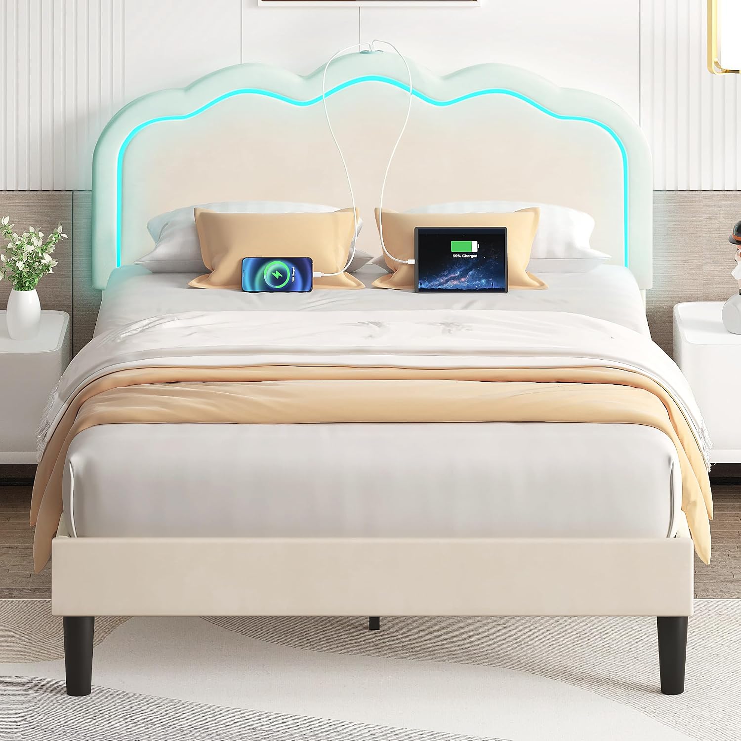 VECELO Upholstered Queen Size Bed Frame with Headboard Adjustable, LED Lights, USB-A & Type-C, Velvet Platform Bed Noise Free, Mattress Foundation with Wooden Slats, No Box Spring Needed, Beige