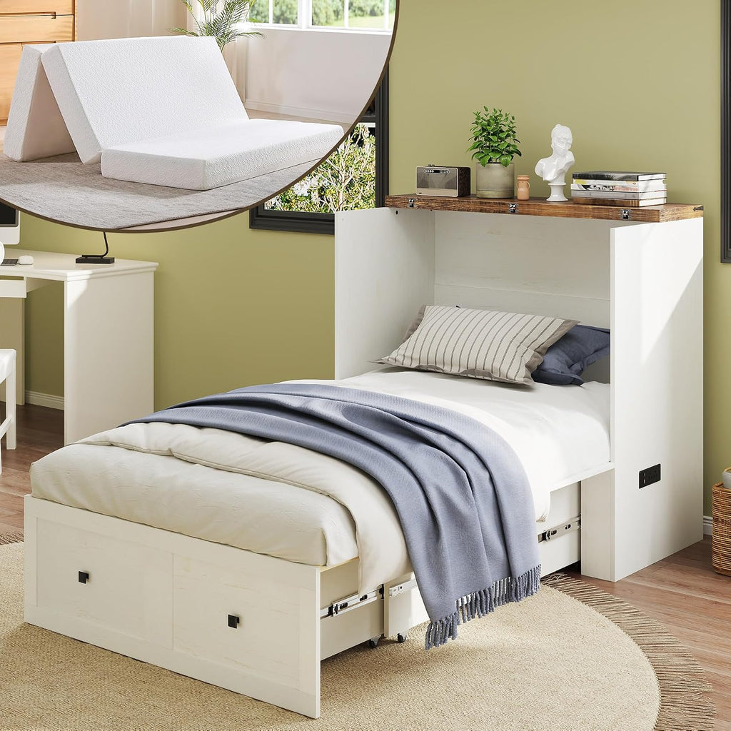 LUXOAK Twin Murphy Bed with 6' Tri-Fold Memory Foam Mattress, Storage Drawer & Charging Station, Space-Saving Design for Home Office or Guest Room, White