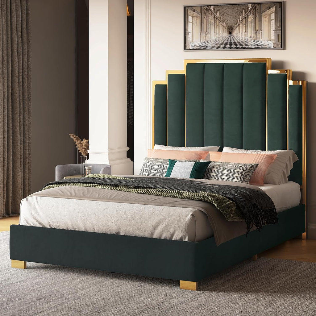 Albott Queen Size Platform Bed Frame, 61.4' Velvet Upholstered Bed with Gold Trim Headboard/Wooden Slats/No Box Spring Needed/Green