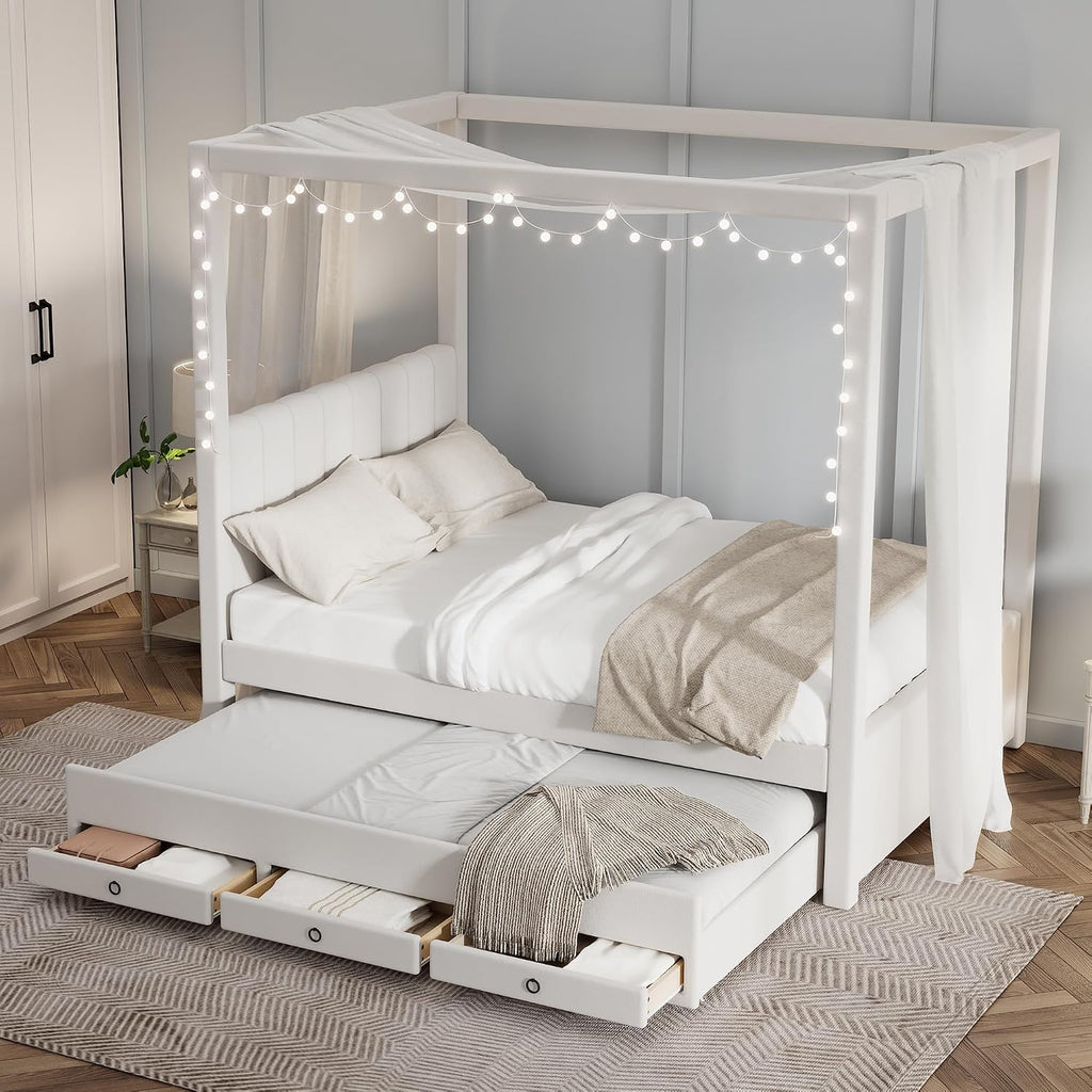 Modern Full Size Upholstery Canopy Platform Bed with Trundle and 3 Storage Drawers, Full Size Linen Storage Platform Bed with Backrest and Wood Slat Support for Kids and Teens (Beige, Full)