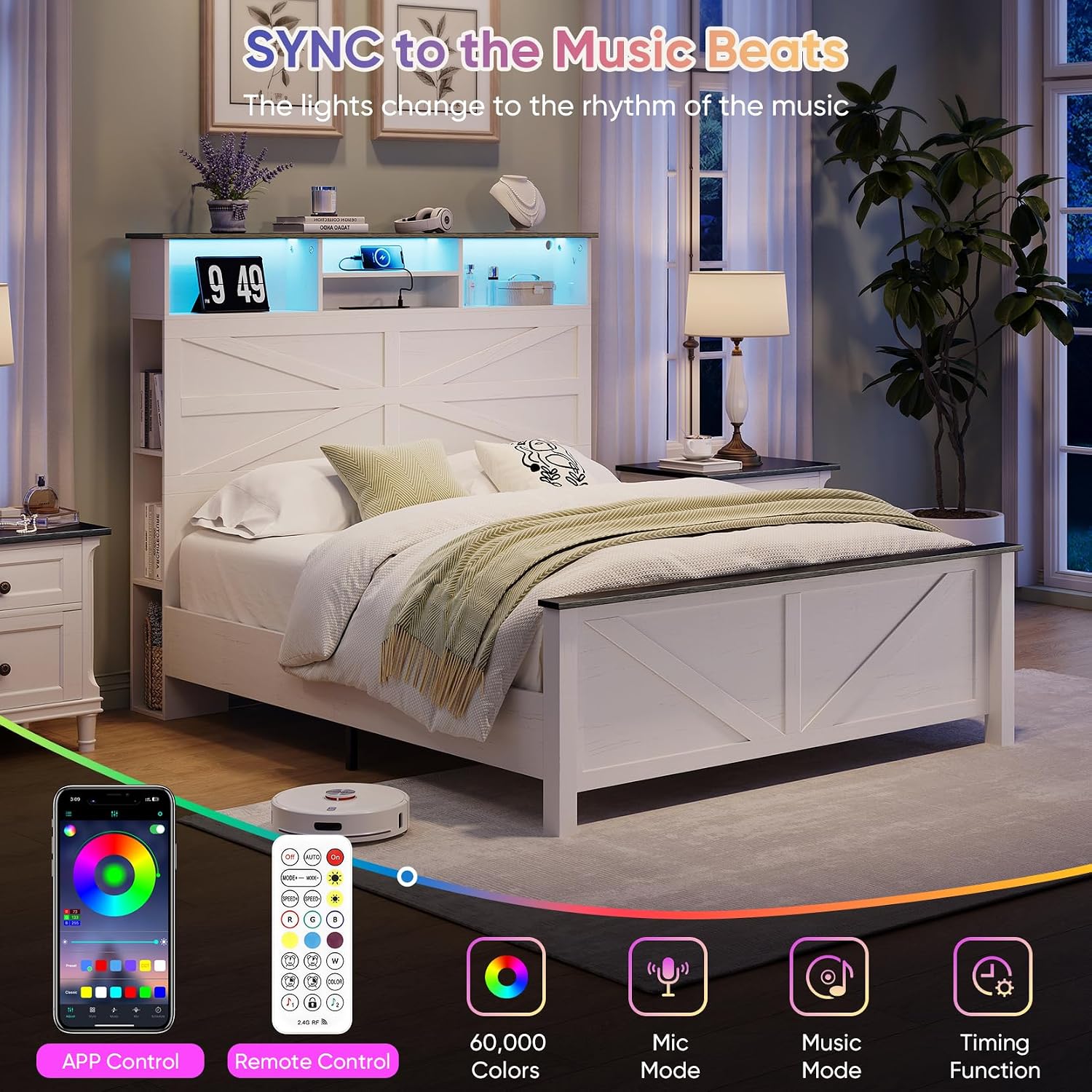 Farmhouse Full Size Bed Frame with 51' Tall Storage Headboard, 3-Tier Bookcase on Both Sides, Wooden Full Bed Frame with Charging Station and LED Lights, Noise Free, No Box Spring Needed, White