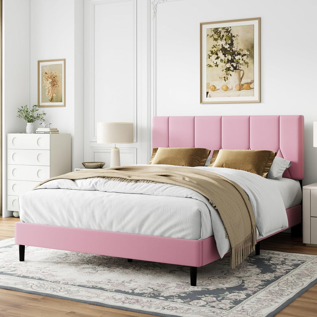 IOILORI Queen Size Bed Frame Platform with Velvet Upholstered Headboard, Sturdy Wooden Slats, No Spring Box, No Noise, Easy to Assemble, Bedframe with Strong Wooden Slats, Pink