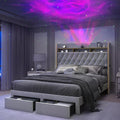 SIBEDS Full LED Bed Frame with Storage Drawers, Velvet Upholstered Platform Beds with Galaxy Star Projector Charging Station Speaker, Aurora Bedframe with 2-Tier Storage Headboard, Noise-Free, Grey
