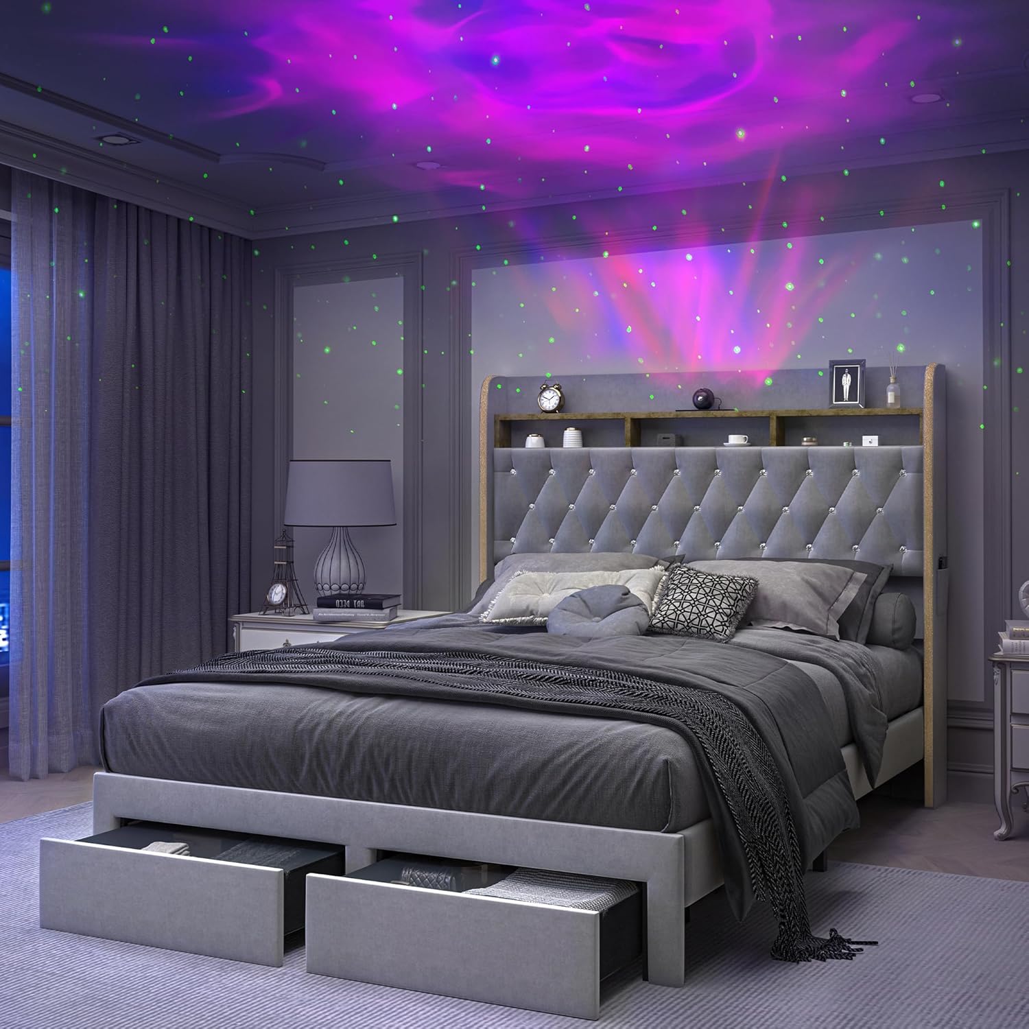 SIBEDS Full LED Bed Frame with Storage Drawers, Velvet Upholstered Platform Beds with Galaxy Star Projector Charging Station Speaker, Aurora Bedframe with 2-Tier Storage Headboard, Noise-Free, Grey