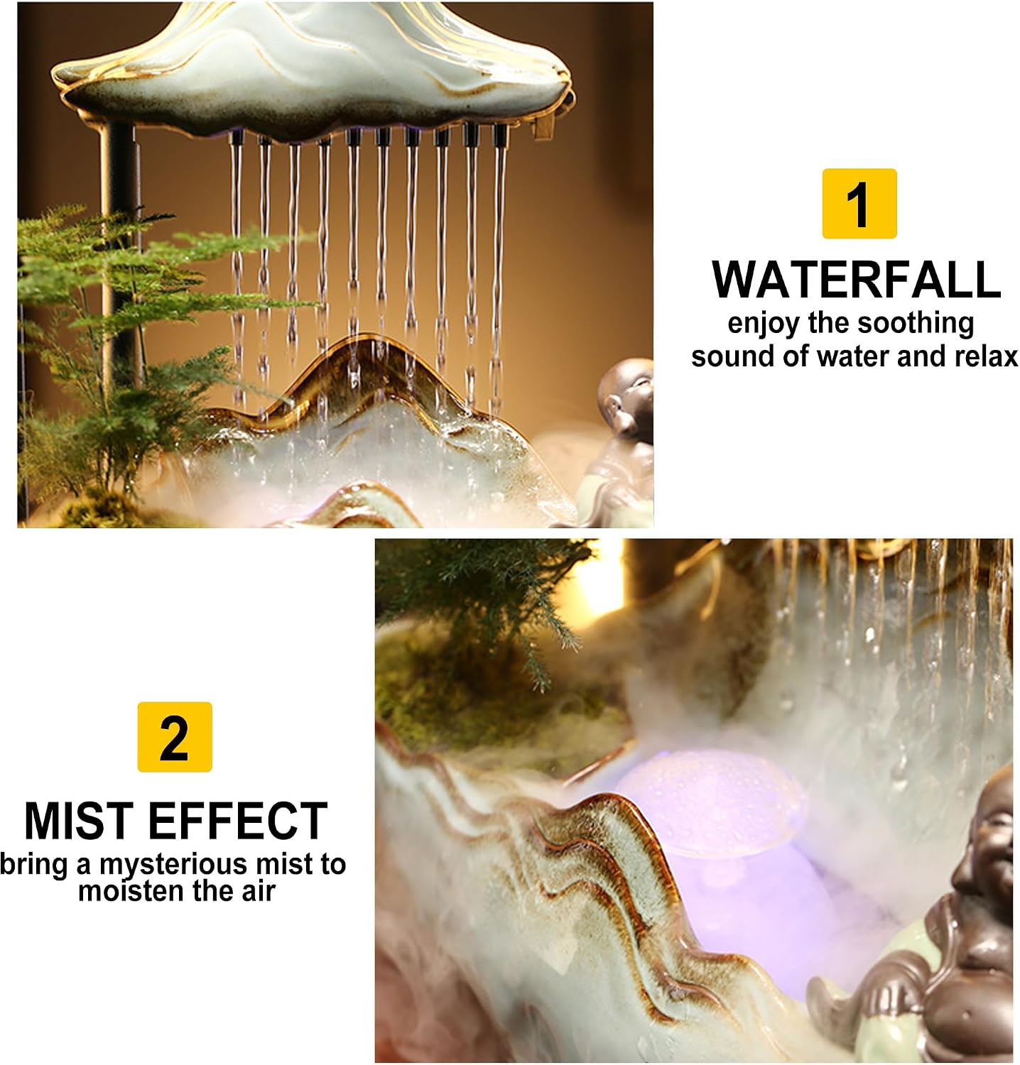 Tabletop Buddha Fountains Indoor Buddha Tabletop Water Fountains with Waterfall Lights Mist Backflow Incense Holder Meditation Indoor Zen Fountain for Home Office Room Decor (2 Buddha Statues)