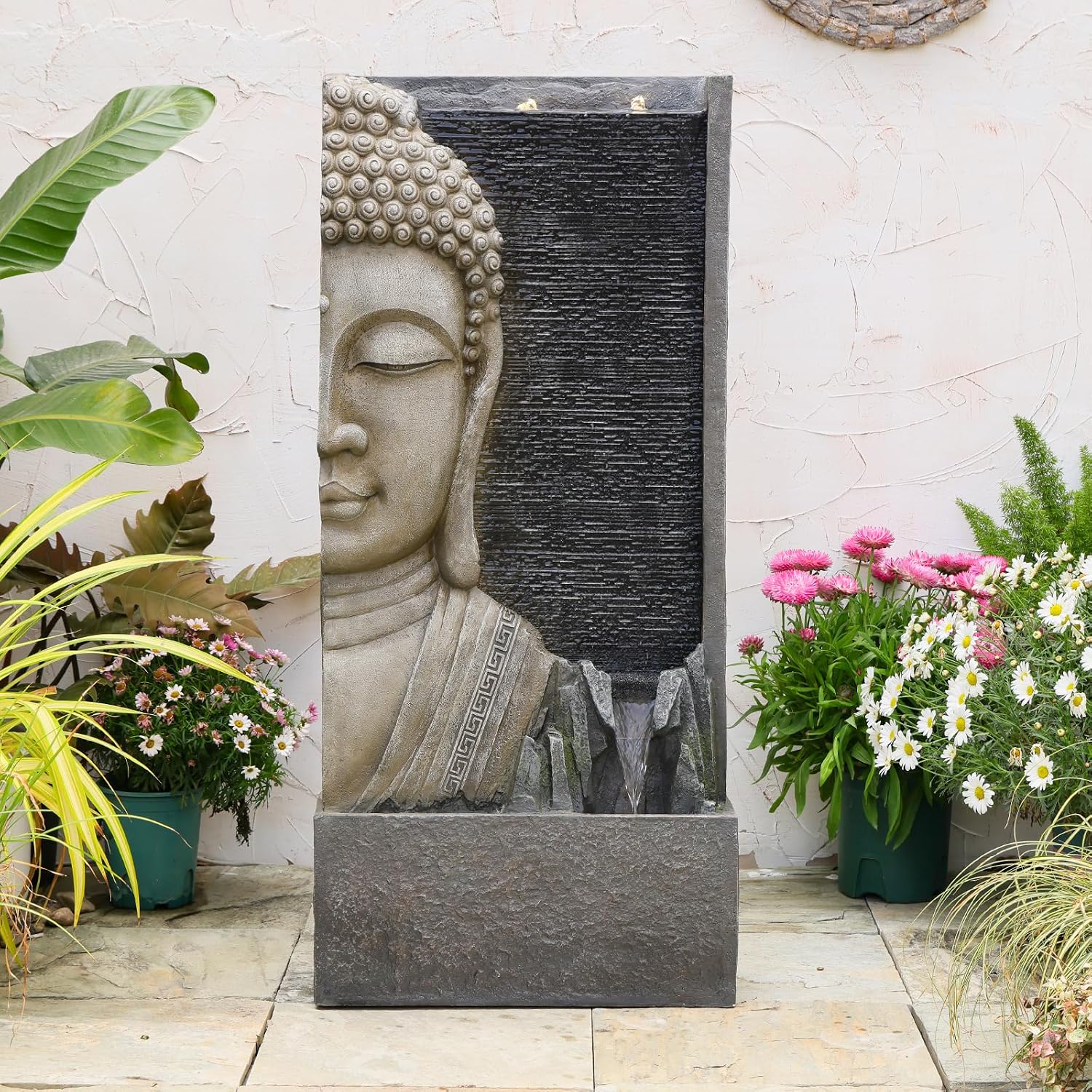 Tankana 47.5' Buddha Water Fountain Outdoor with LED Lights, Large Zen Garden Waterfall Feature with Double Bubblers and Stream, Resin Statue for Patio, Yard, Porch, Meditation Decor