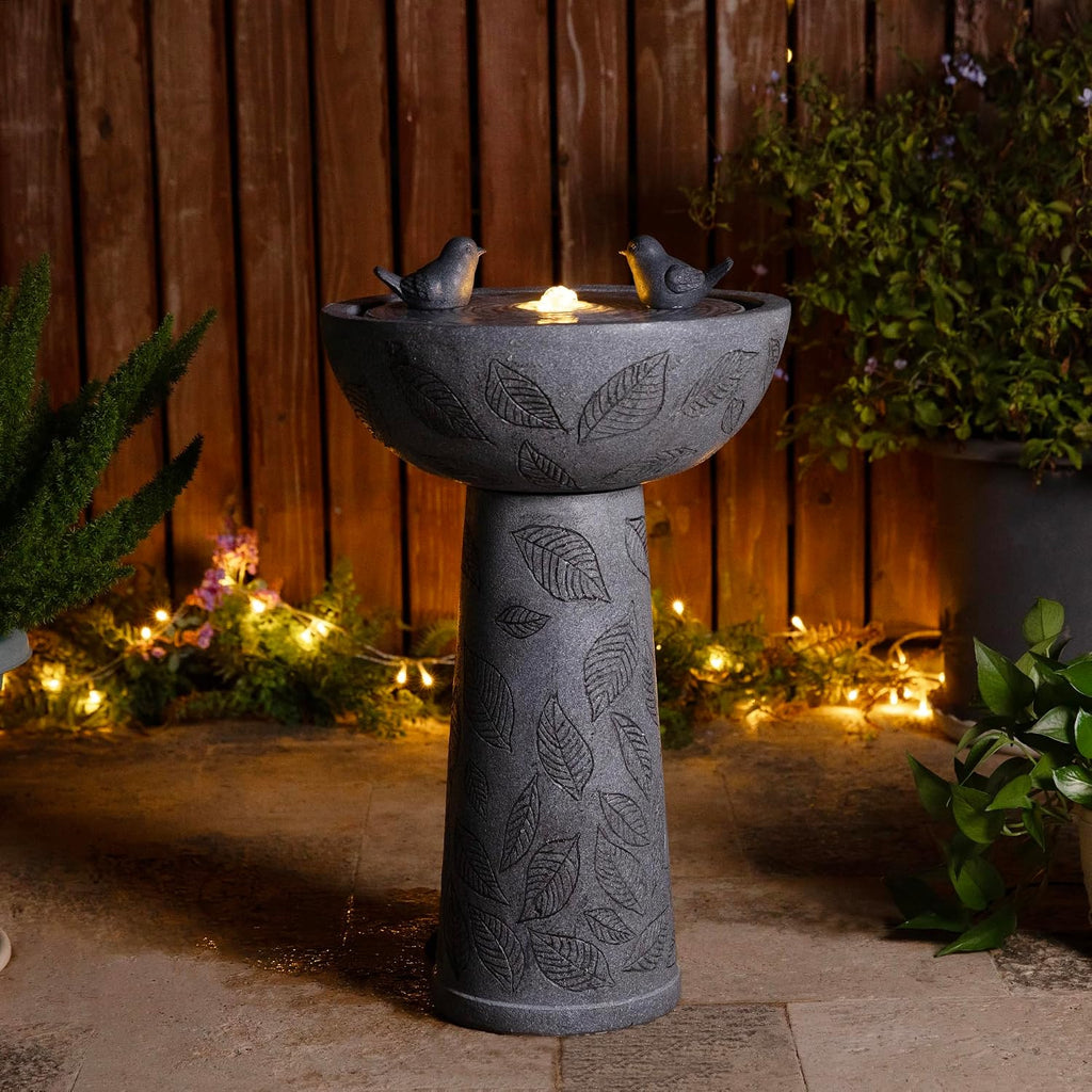 Glitzhome Outdoor Water Fountain with Lights & Pump, Bird Bath Fountain with Birds, 27.5' H Polyresin Floor Waterfall Fountains Water Feature for Garden, Yard, Patio, Home Decor