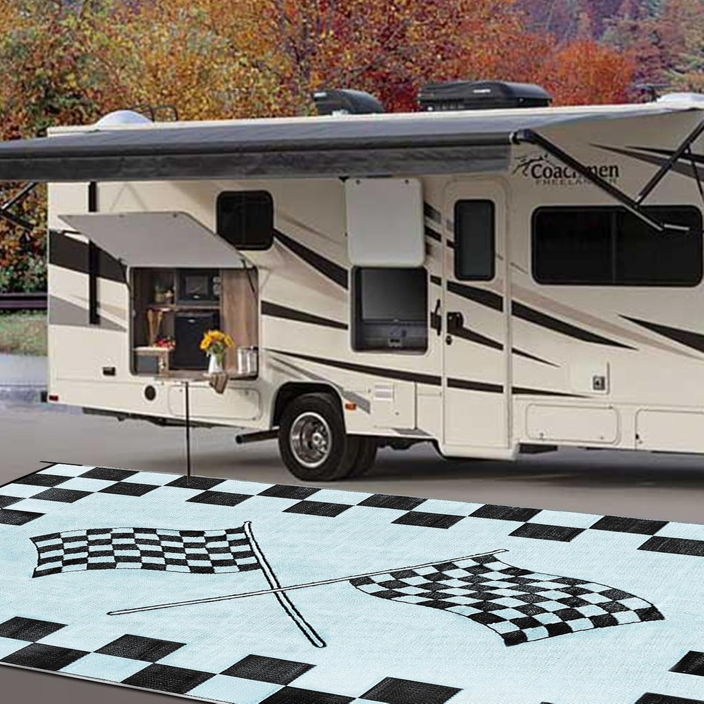EEZ RV Products 9ft x 18ft Heavy Duty Reversible/Durable Outdoor Patio/RVing Camping Mats Come with Large Storage Bag & 6 Sets of Stakes and Washer, Black & White Checker Flag