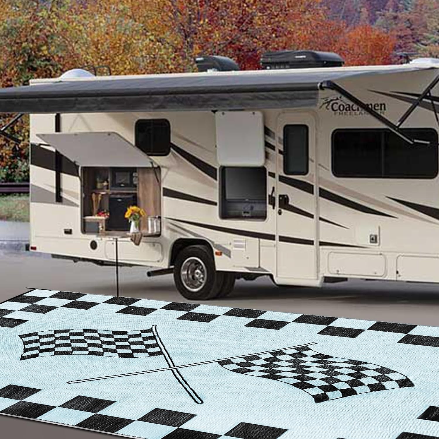 EEZ RV Products 9ft x 18ft Heavy Duty Reversible/Durable Outdoor Patio/RVing Camping Mats Come with Large Storage Bag & 6 Sets of Stakes and Washer, Black & White Checker Flag
