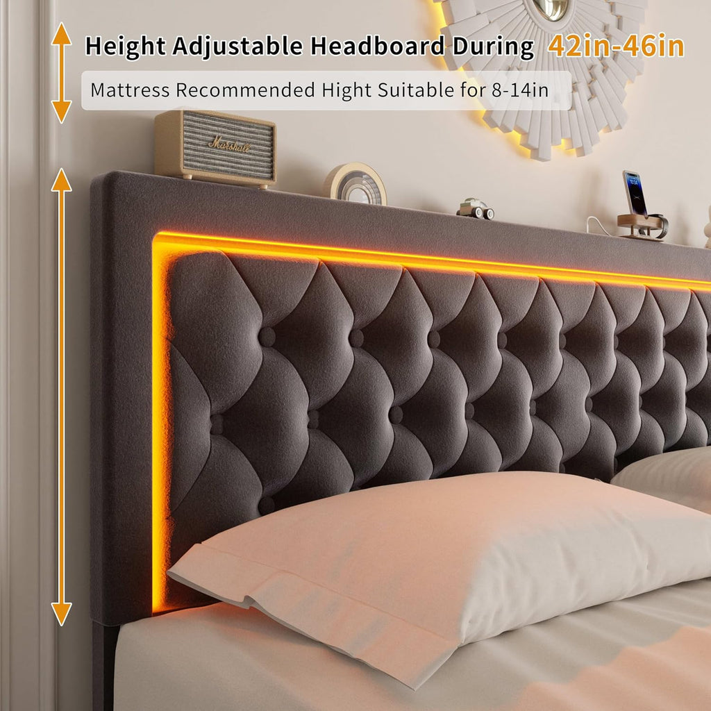 Full Bed Frame with 4 Storage Drawers, Velvet Upholstered Bed Frame Full Size with Charging Station and LED Lights, 46' Adjustable Button Tufted Headboard, No Box Spring Needed, Grey