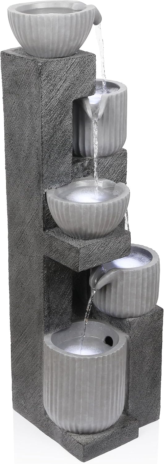 Alpine Corporation 40' Tall Outdoor 5 Tiered Pot Decorative Waterfall Floor Fountain with LED Lights, Perfect for Patios, Yards, and Landscaping, Gray