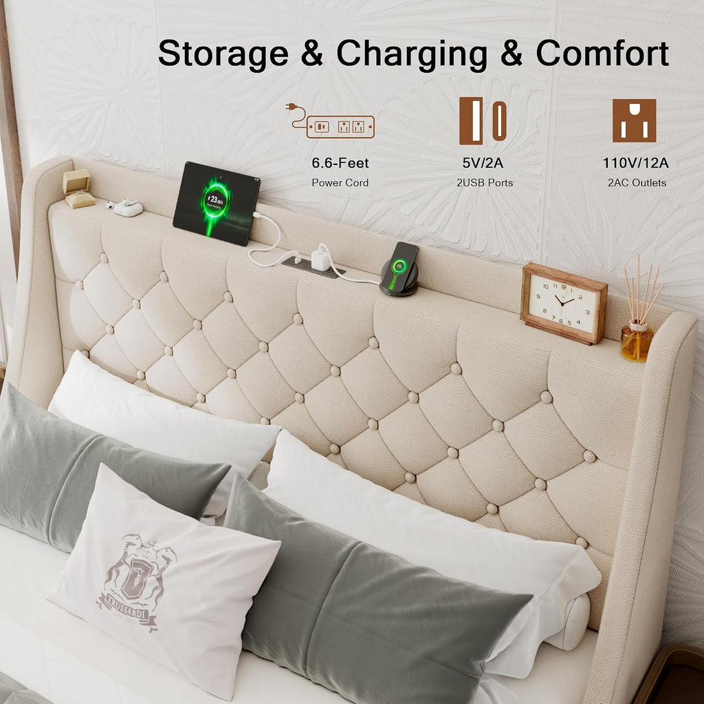Einhomn Upholstered Queen Bed Frame with 4 Storage Drawers, Modern Platform Bed with Wingback Headboard, Charging Station, No Box Spring Needed, Beige