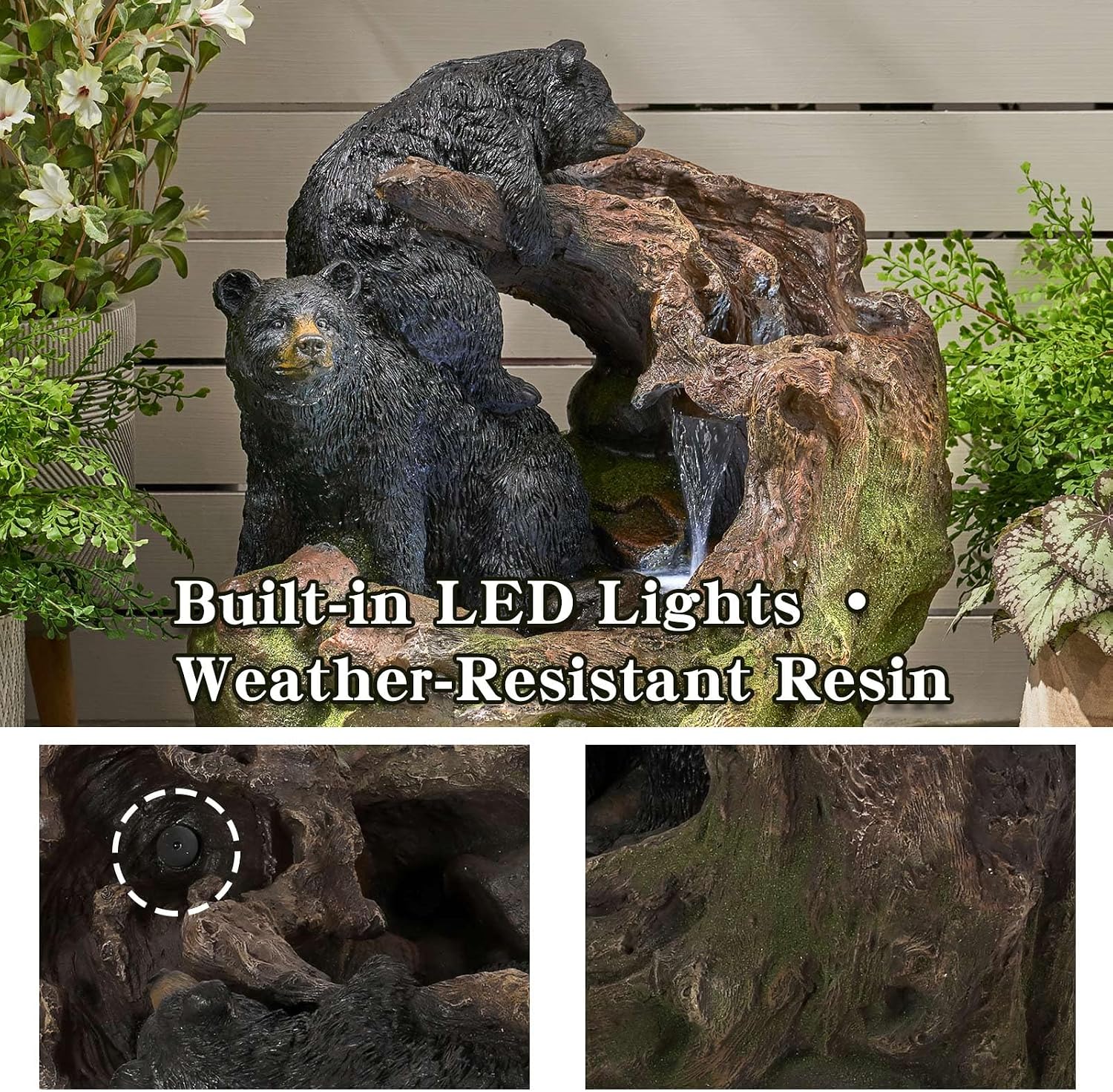 Outdoor Fountain with LED Lights – Bear Water Feature for Garden, Patio, Yard, or Porch – Durable Polyresin Animal Waterfall Decor – Rustic Brown & Black Finish