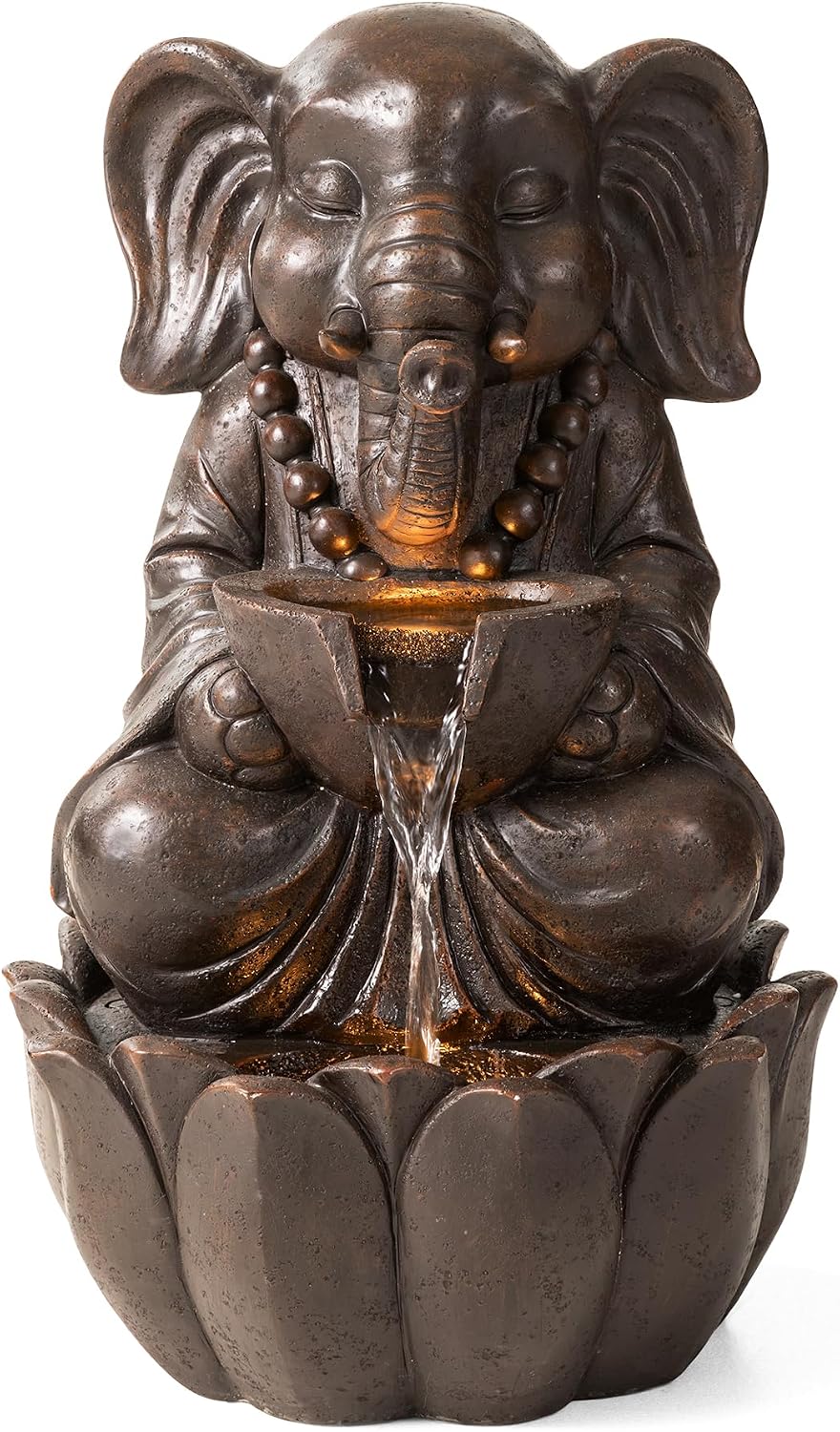 Glitzhome Outdoor Fountains, Water Fountains Outdoor with Lights&Pump, 21.75' H 2-Tiered Zen-Style Bronze Polyresin Elephant Garden Fountain Floor Standing Waterfall for Patio, Porch, or Yard Decor