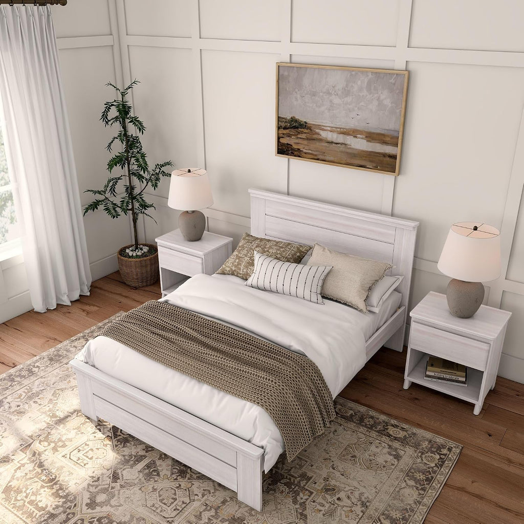 Plank+Beam Rustic Wood Full Bed Frame, Platform Bed with Headboard, Solid, White Wash