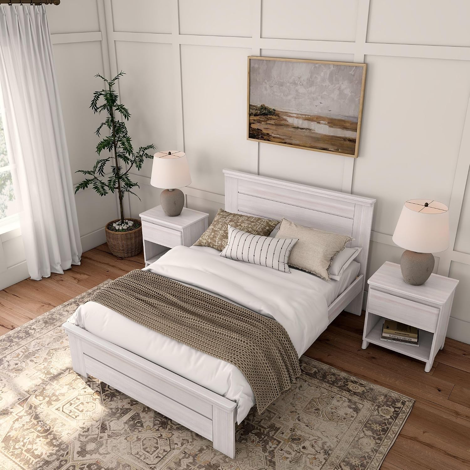 Plank+Beam Rustic Wood Full Bed Frame, Platform Bed with Headboard, Solid, White Wash