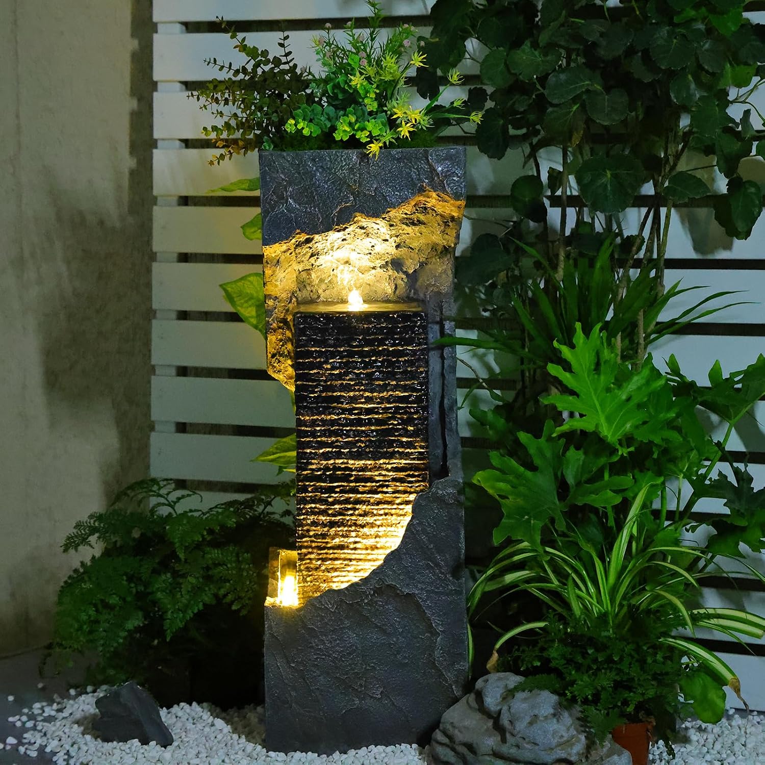 Water Fountain Outdoor Garden 35.4' H Modern Outdoor Fountains and Waterfalls with Lights Flooring Standing Indoor Water Fountains for Garden, Patio, Deck, Backyard, Porch and Home Art Decor