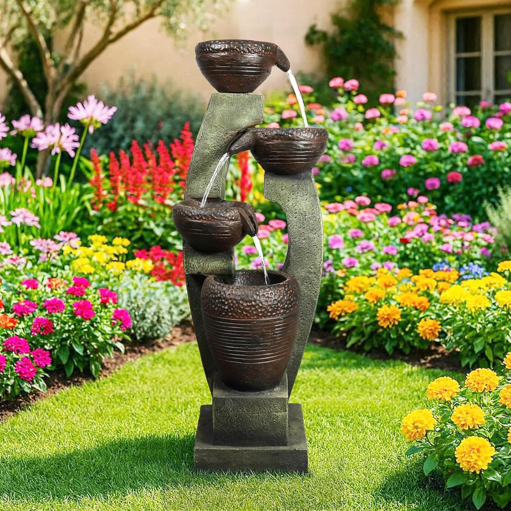 Naturefalls 40' Tall Outdoor Water Fountain and Waterfalls - Large Garden Fountain with LED Lights, 4-Tier Crocks, Indoor and Outdoor Fountains for Garden, Patio, Deck, Porch, Backyard and Home, Gray