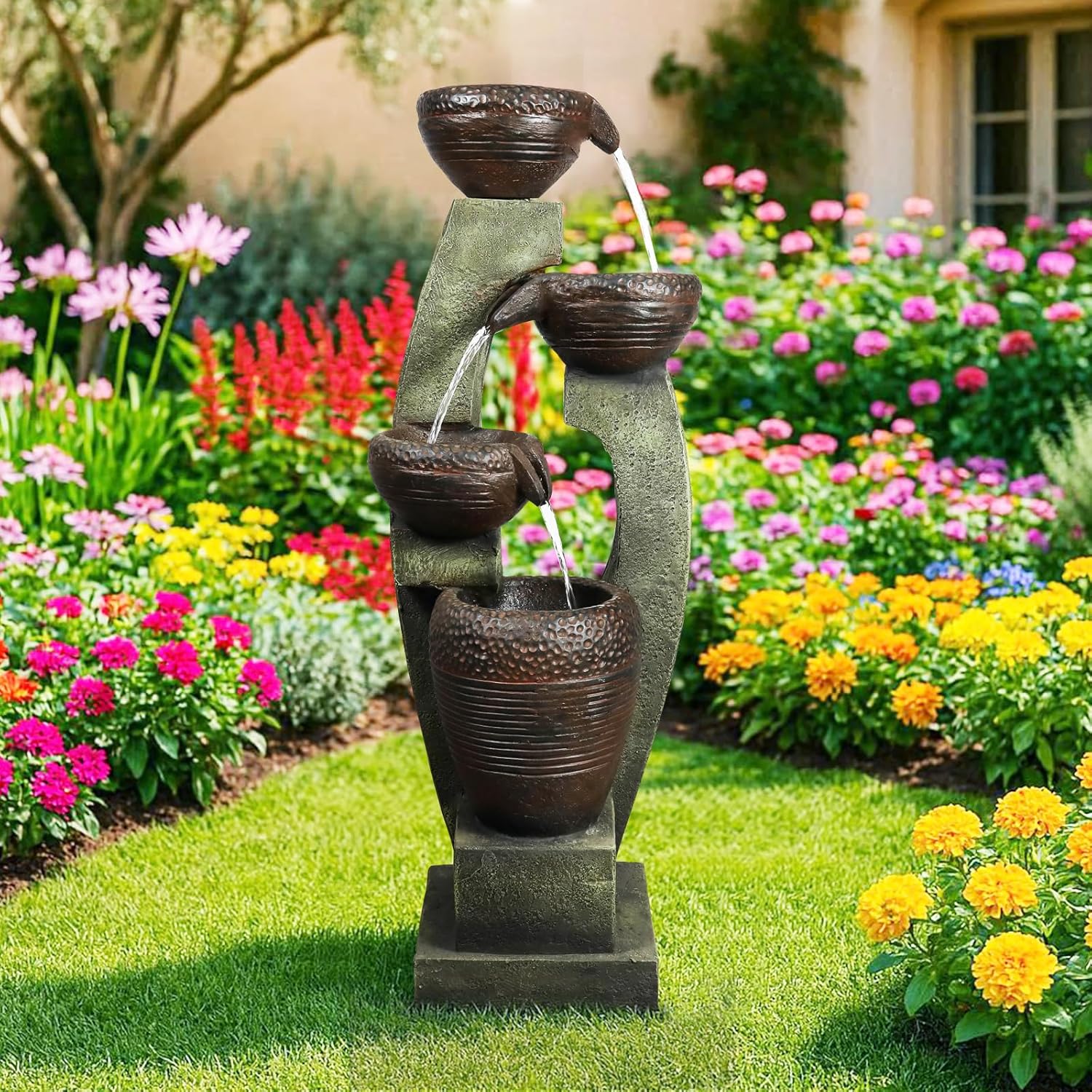 Naturefalls 40' Tall Outdoor Water Fountain and Waterfalls - Large Garden Fountain with LED Lights, 4-Tier Crocks, Indoor and Outdoor Fountains for Garden, Patio, Deck, Porch, Backyard and Home, Gray