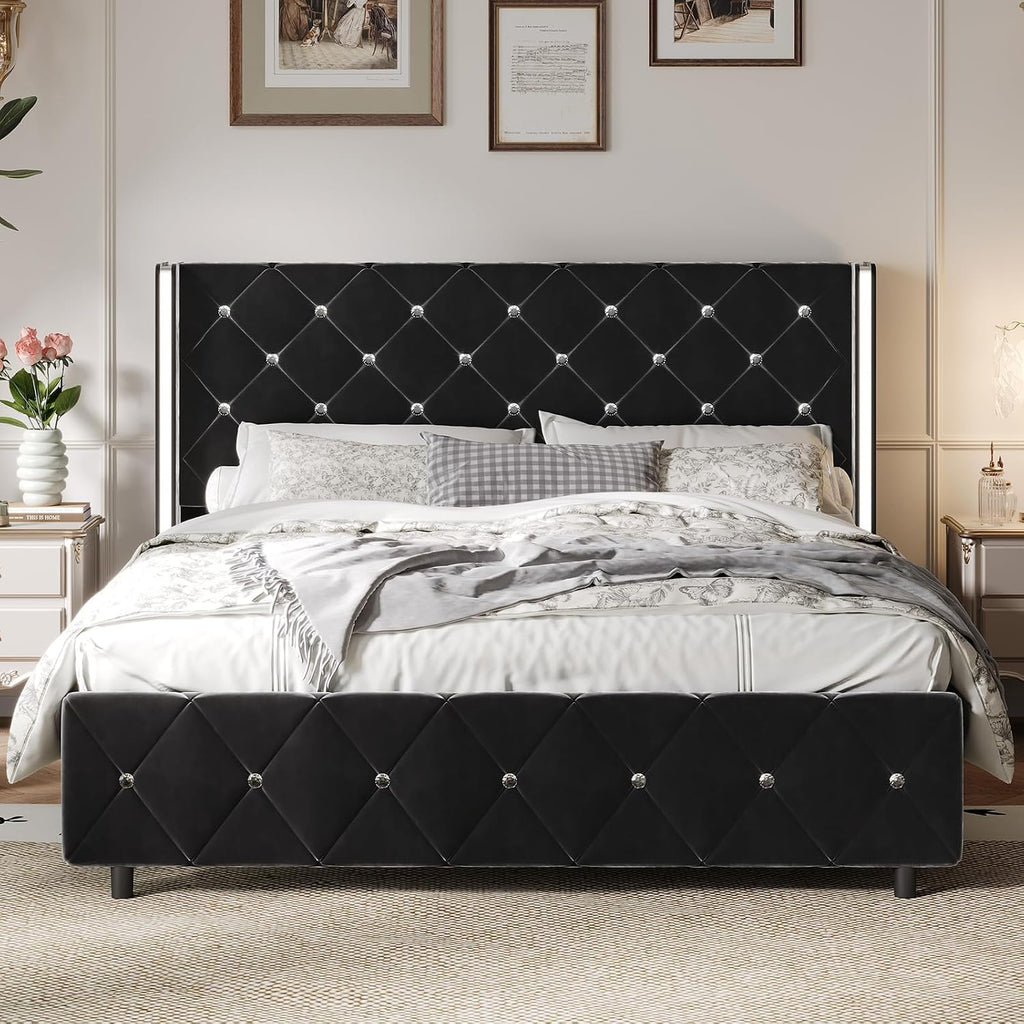 HOMBCK Queen Bed Frame with Headboard, Velvet Upholstered Bed with Wingback and Diamond Tufted Design, Wood Slat Support, No Box Spring Needed, Black