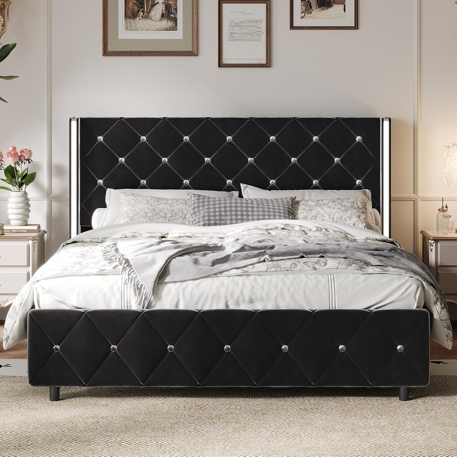 HOMBCK Queen Bed Frame with Headboard, Velvet Upholstered Bed with Wingback and Diamond Tufted Design, Wood Slat Support, No Box Spring Needed, Black
