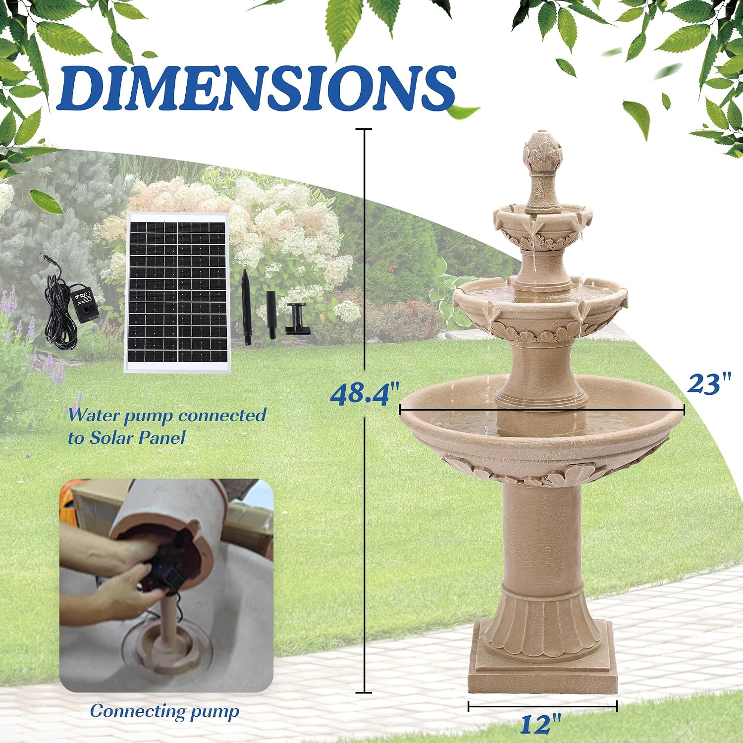 Italian Solar Water Fountains Outdoor Garden Decor - 48.4''H Fountains and Waterfalls Outside, Large Cascading Indoor Floor-Standing Resin Bubbler Fountain Features W/Pump for Patio, Backyard