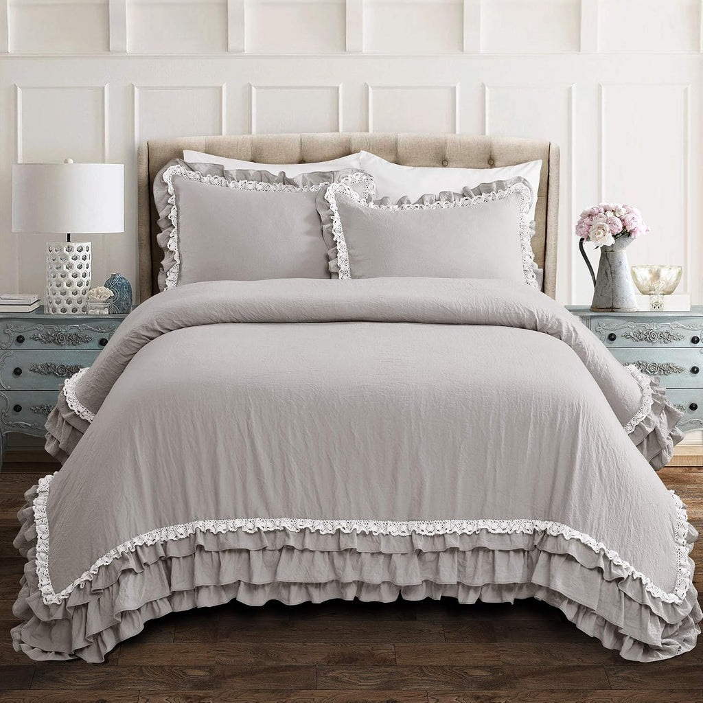 Lush Decor Ella Ruffle Lace Comforter, 3 Piece Set, King, Light Gray - Cute Comforter - King Bedding Set - Gray Bedding - Coquette Decor - Ruffle Trim - Lace Trim