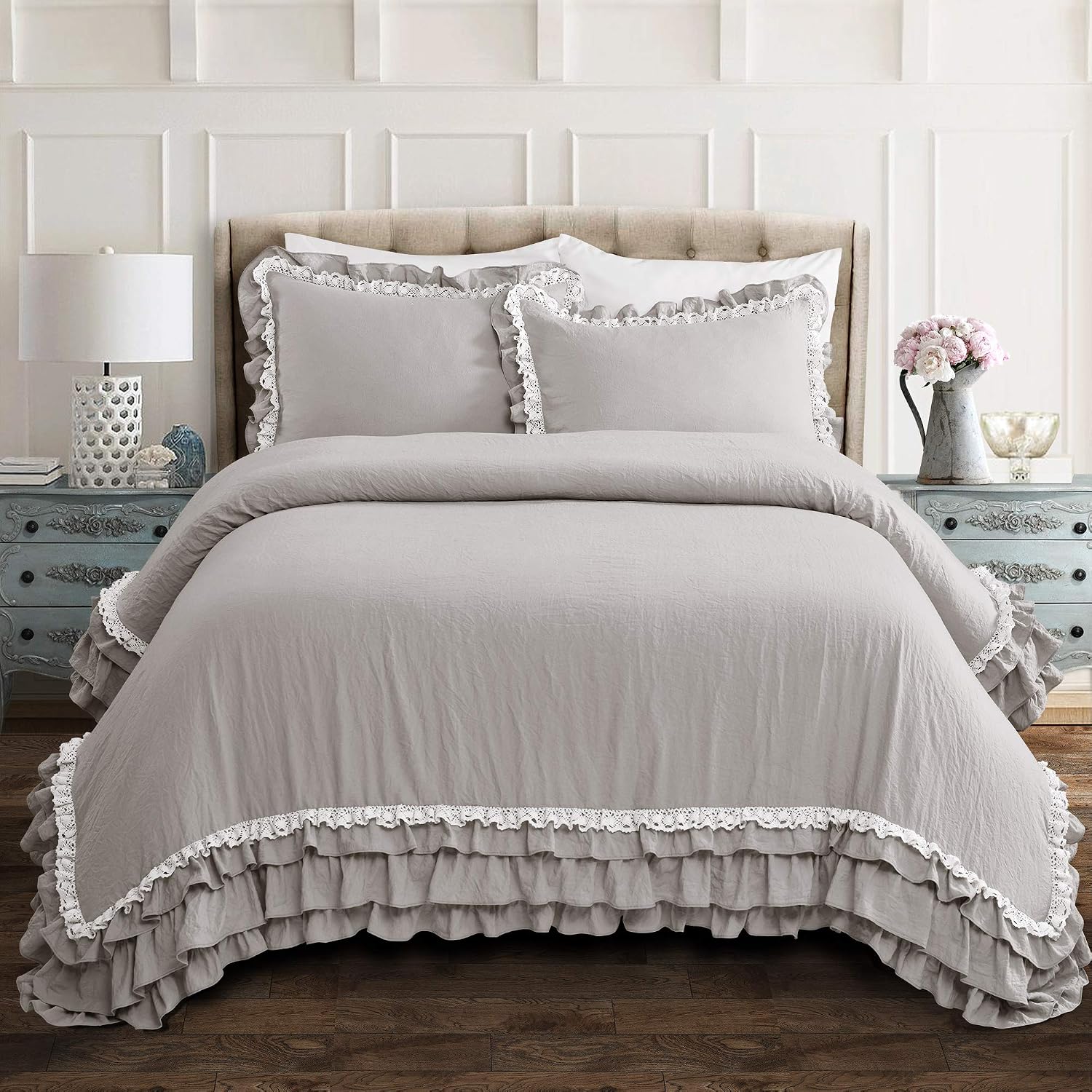 Lush Decor Ella Ruffle Lace Comforter, 3 Piece Set, King, Light Gray - Cute Comforter - King Bedding Set - Gray Bedding - Coquette Decor - Ruffle Trim - Lace Trim