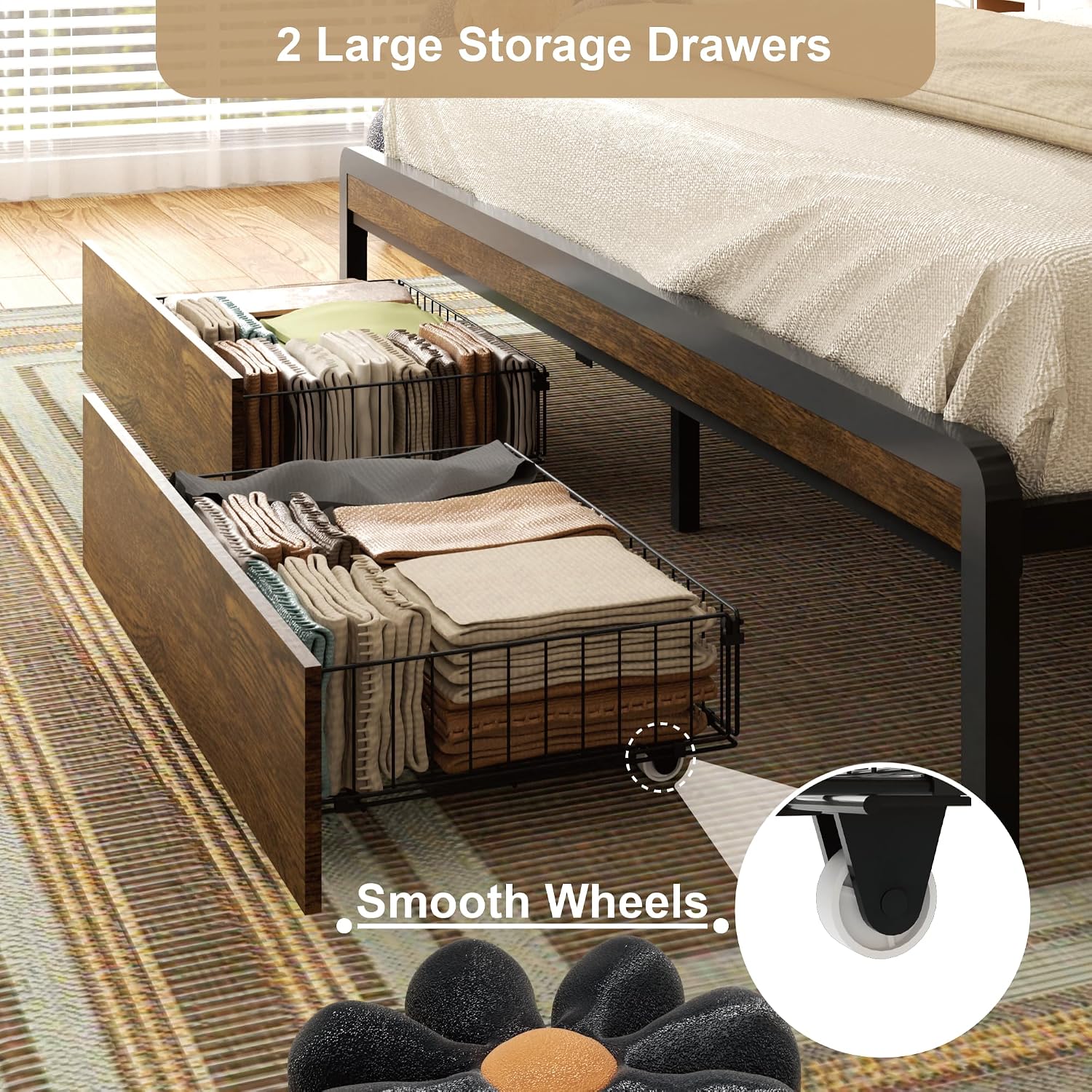 Sismplly King Size Metal Platform Bed Frame with 2 Storage Drawers & LED Light, Upholstered Headboard with Charging Station, No Box Spring Needed, Brown Wood Panel