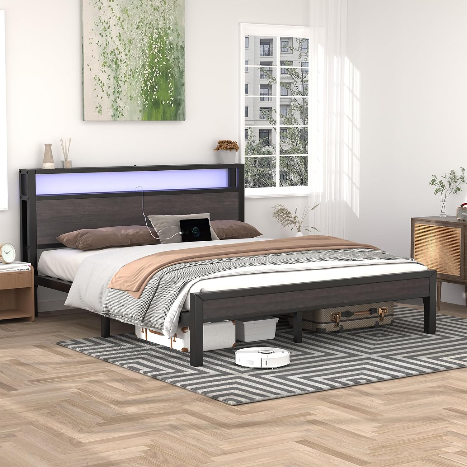 LoVinson Full Size Bed Frame with Charging Station and LED Lights, Metal Platform Bed with 2-Tier Storage Headboard, Noise Free, No Box Spring Needed, Easy Assembly, Grey