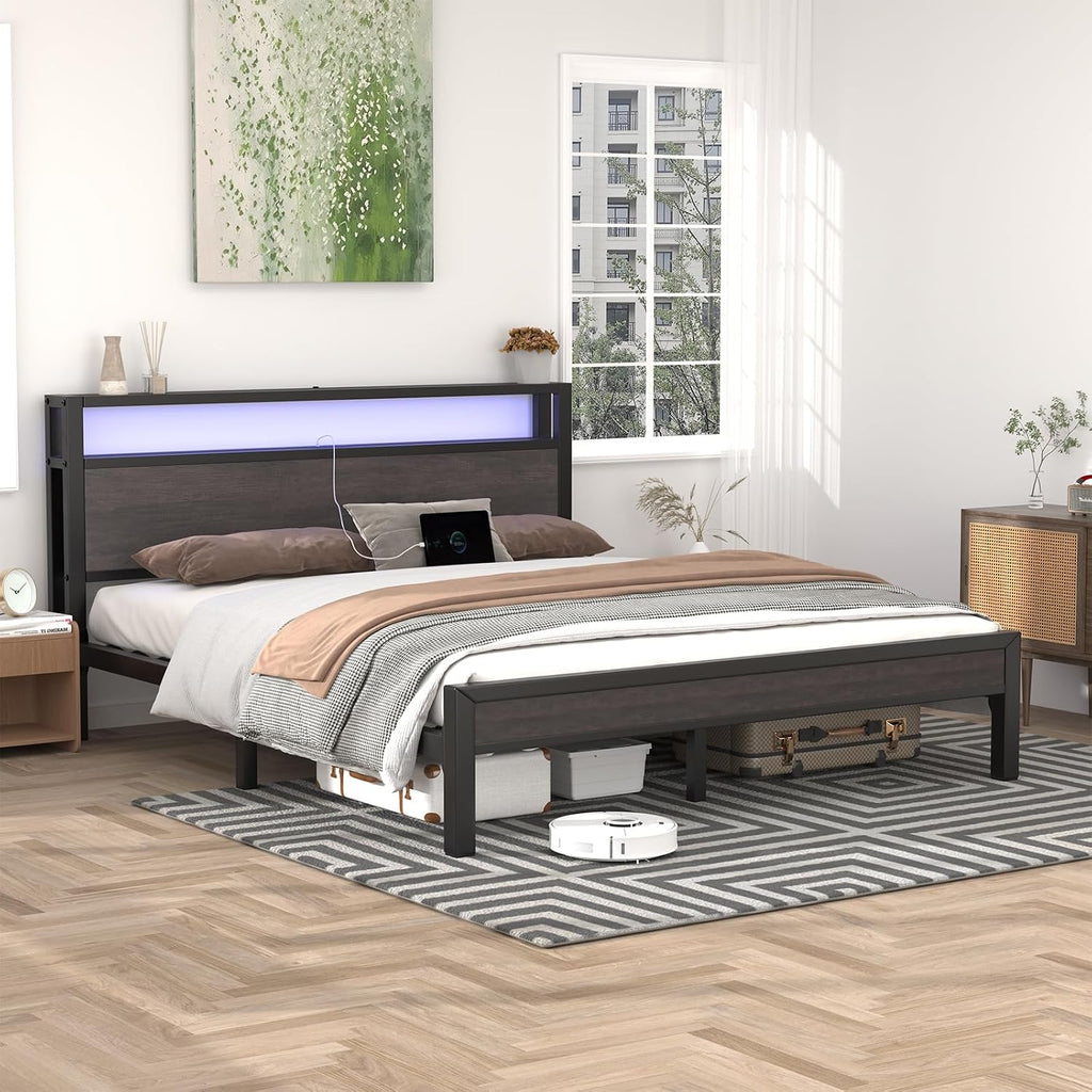 LoVinson Queen Size Bed Frame with Charging Station and LED Lights, Metal Platform Bed with 2-Tier Storage Headboard, Noise Free, No Box Spring Needed, Easy Assembly, Grey